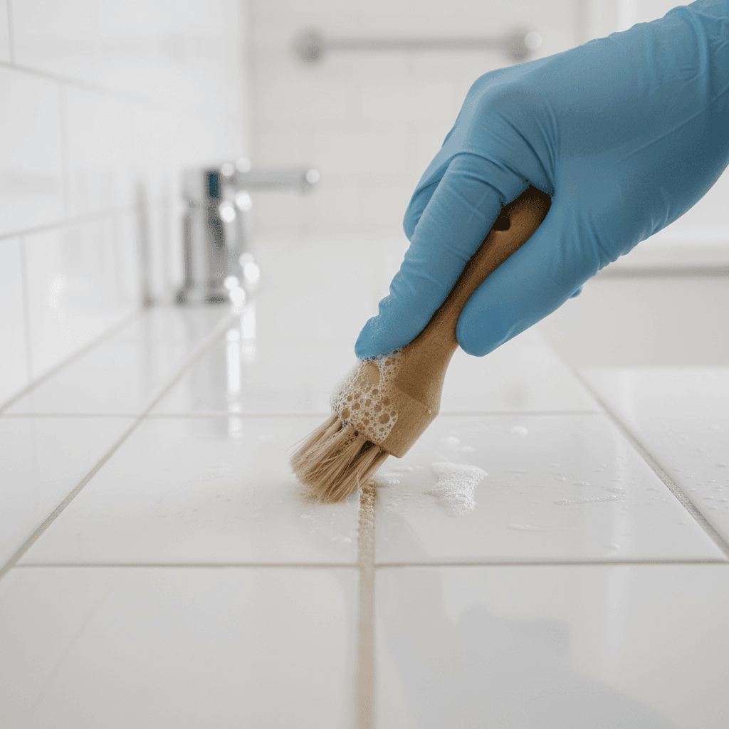 Detailed cleaning of tile grout lines with professional brush