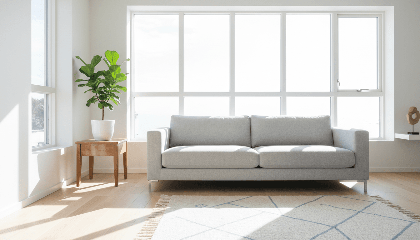 Bright, clean modern Scandinavian living room with natural light and organized spaces