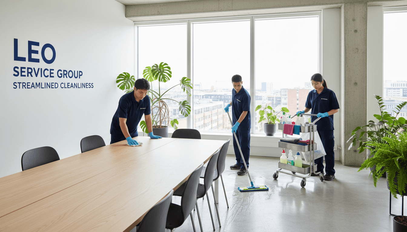 Team of cleaners working efficiently in a modern Swedish office setting.