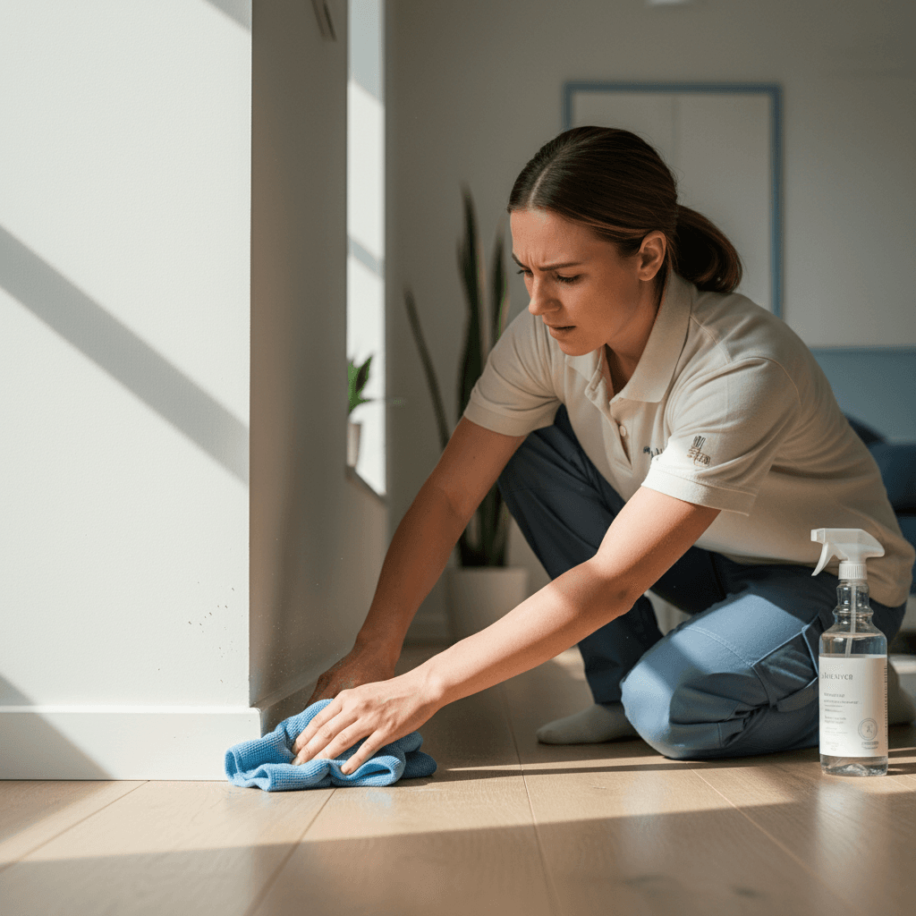 Cleaner performing detailed corner and baseboard deep cleaning