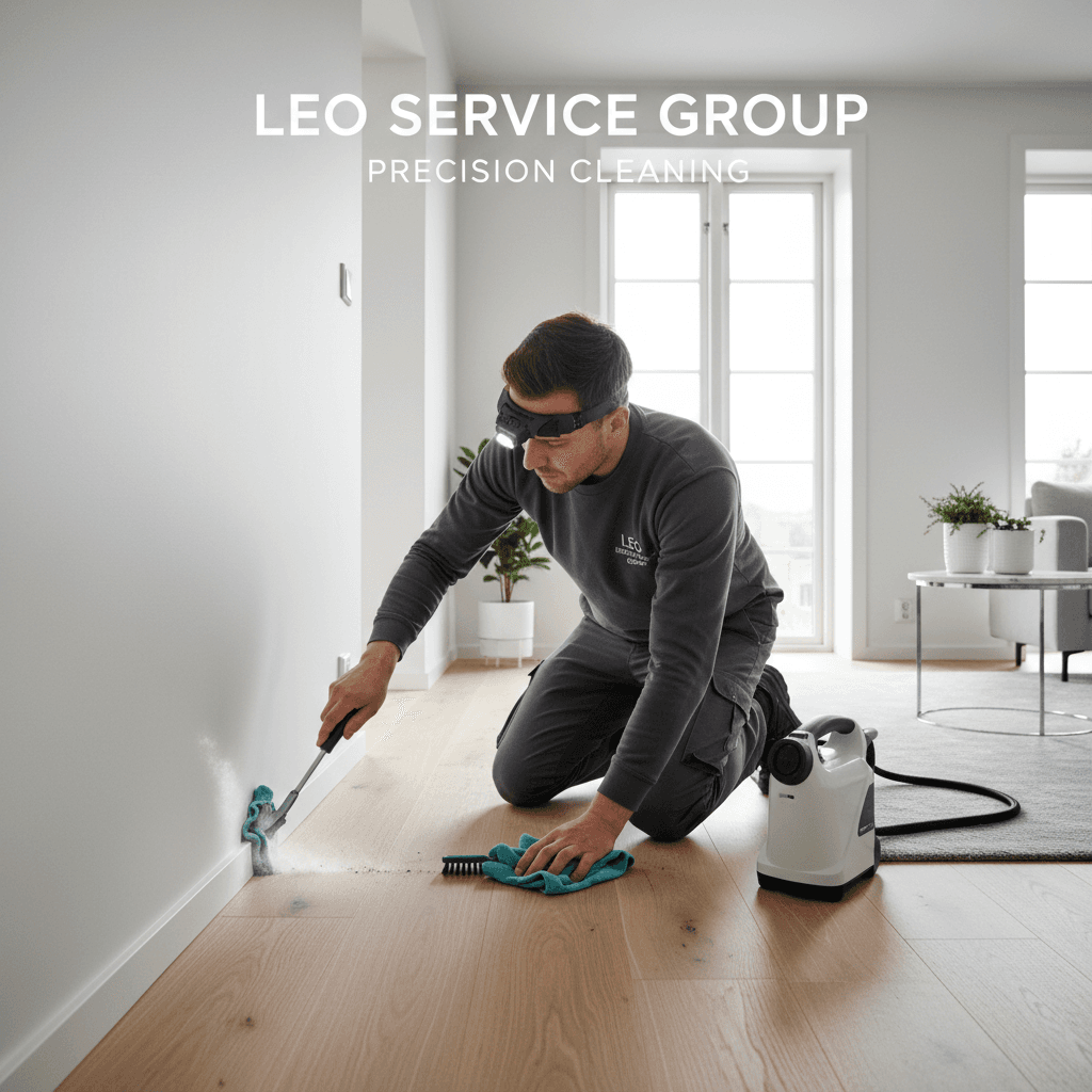 Cleaner performing detailed corner and baseboard deep cleaning