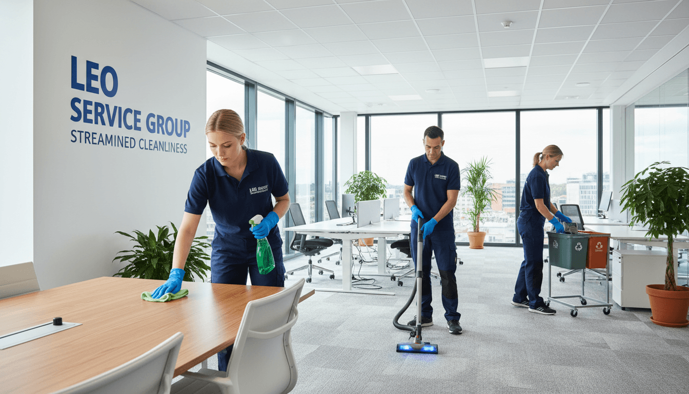 Professional cleaners in blue uniforms vacuuming and wiping surfaces in a bright, modern office.