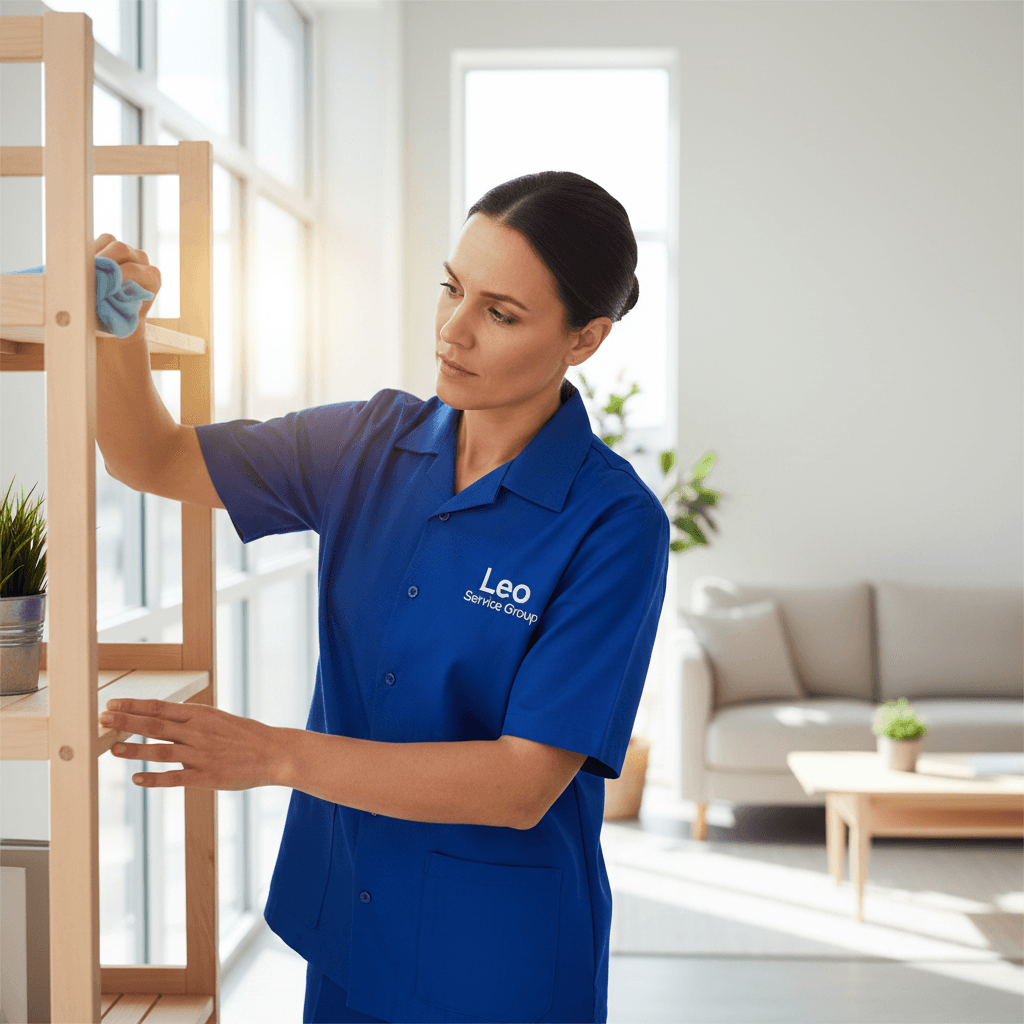 Professional cleaner dusting wooden shelf in bright Scandinavian home