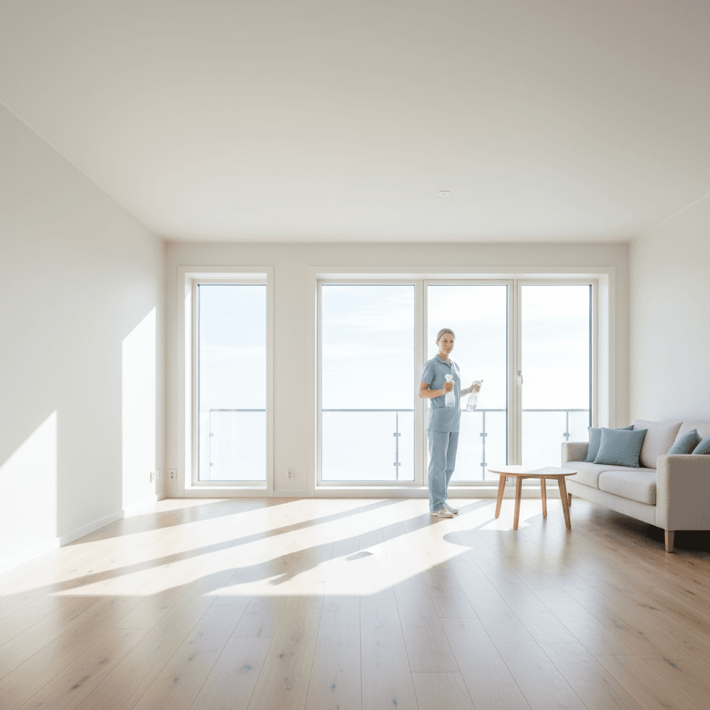 Professional cleaner in empty apartment ensuring move-out readiness