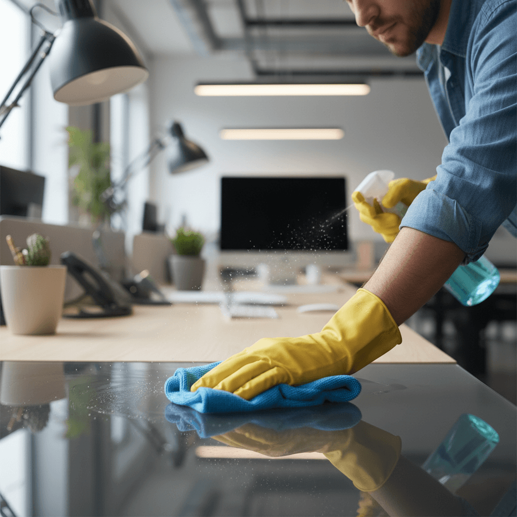 Professional cleaner efficiently cleaning office windows