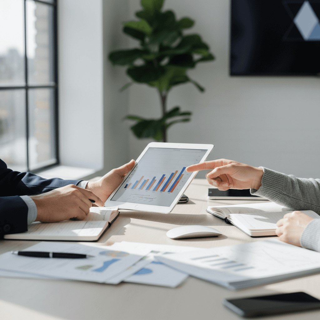 Professional cleaners reviewing office cleaning plan